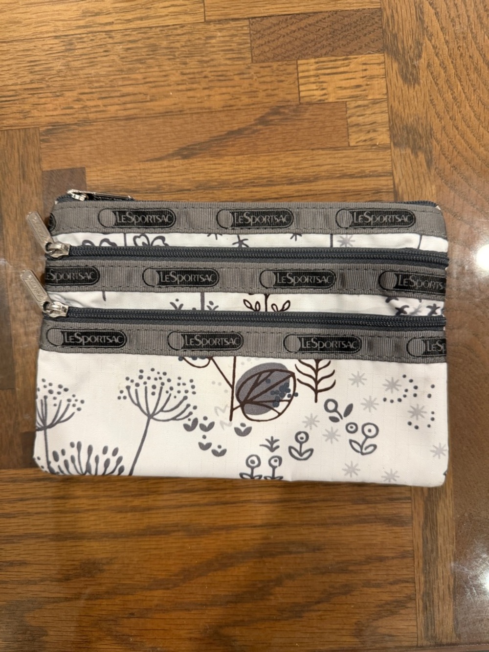 LeSportsac White Floral Triple Zip Pouch with Gray Trim